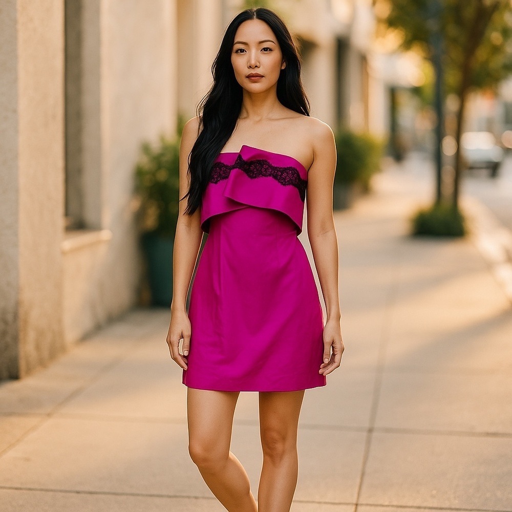 MARCHESA NOTTE Women’s Silk Cocktail Dress Fuchsia Pink Strapless Ruffle Size 2